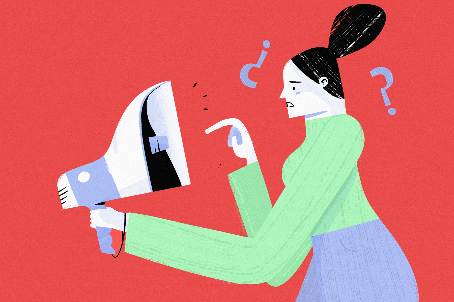 illustration of woman with question marks floating above her head while looking at the megaphone she is holding