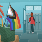 Student walking into classroom with LGBTQ affirming items.