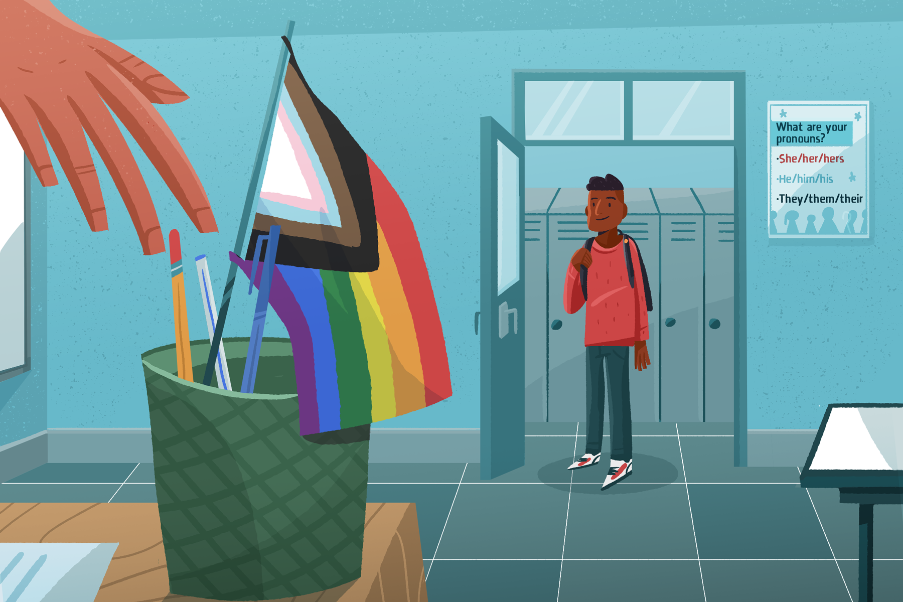 Student walking into classroom with LGBTQ affirming items.