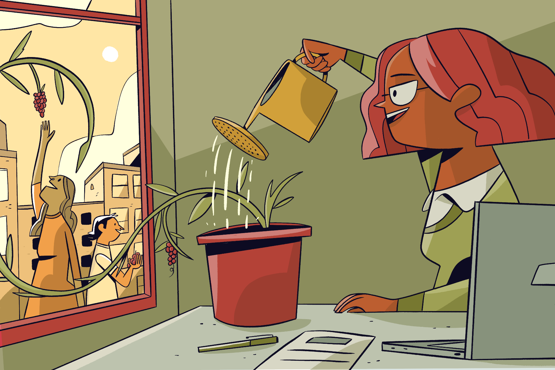 A girl waters a plant in her office and outside her community thrives