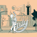Illustration of woman walking downtown Indy.