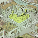 Illustration of diverse community with heart-shaped park in the middle