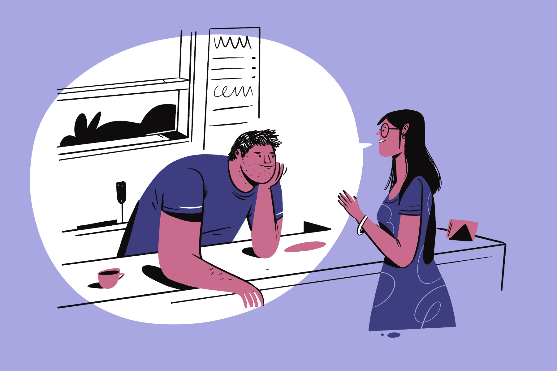 Illustration of woman having a conversation with a man across a counter
